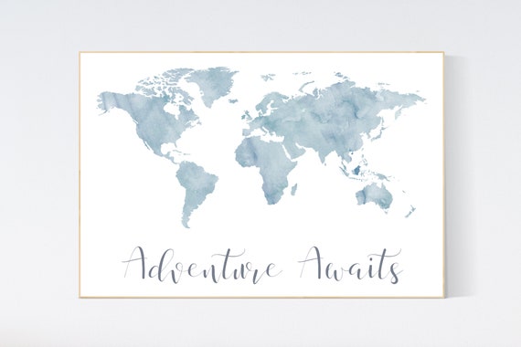 Blue world map, nursery decor map, wall art nursery, nursery wall art world map, travel themed nursery, blue nursery decor