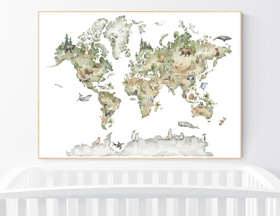 Animal World Map Print, Woodland Animal Nursery Decor, World Map Wall Art, Forest Nursery Decor