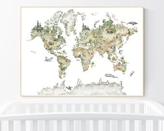 Mapa del mundo animal: Decoración infantil con temática de bosque en verde salvia.