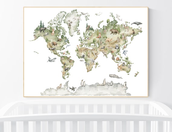 Animal World Map Print, Woodland Animal Nursery Decor, World Map Wall Art, Forest Nursery Decor, Sage Green Nursery, World Map With Animals