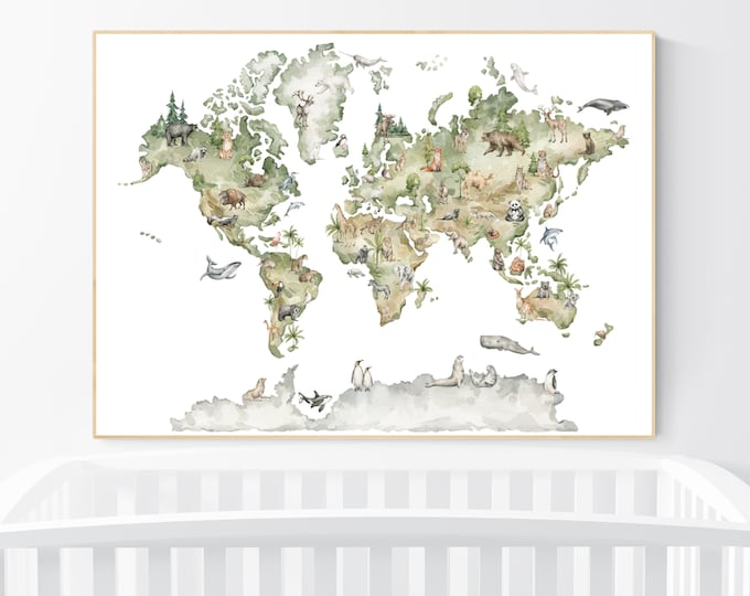 Animal World Map Print: Sage Green Woodland Nursery Decor