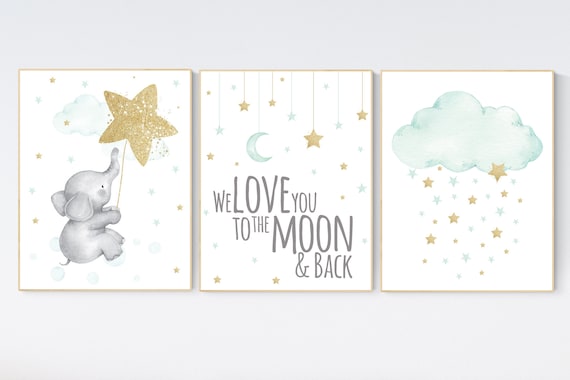 Nursery decor elephant, gender neutral, mint gold baby nursery, nursery wall decor, cloud and star nursery, we love you to the moon and back
