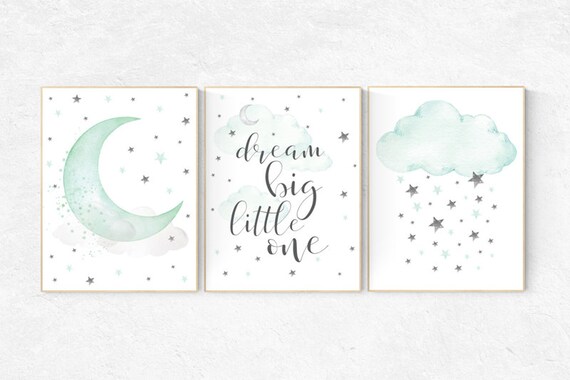 Mint nursery decor moon and stars nursery, gender neutral, dream big little one, mint green nursery decor, mint and gray nursery