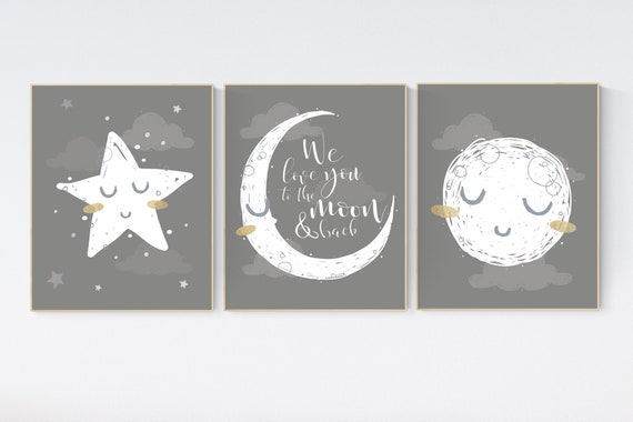 Nursery wall art grey, gray nursery, nursery decor neutral, baby room decor gender neutral, moon and stars, grey nursery decor baby room art