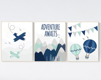 Adventure nursery decor, travel adventure nursery, nursery wall art boy, nursery prints boy mountain, airplane, world map, adventure awaits