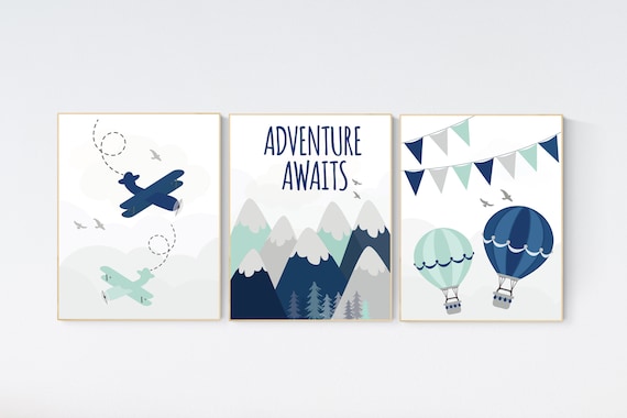 Adventure nursery decor, travel adventure nursery, nursery wall art boy, nursery prints boy mountain, airplane, world map, adventure awaits