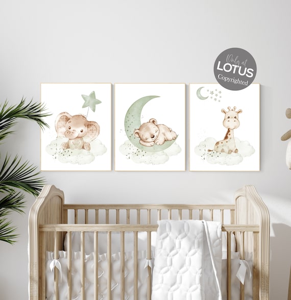 Nursery wall art animals, green nursery, gender neutral nursery, sage green, baby room decor, bear, elephant, giraffe, animal prints