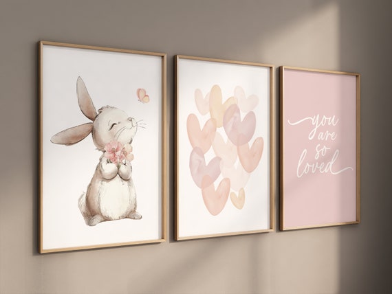 Bunny nursery, heart print, you are so loved, Girl bedroom art, name print, girls room decor, blush nursery, baby girl wall art