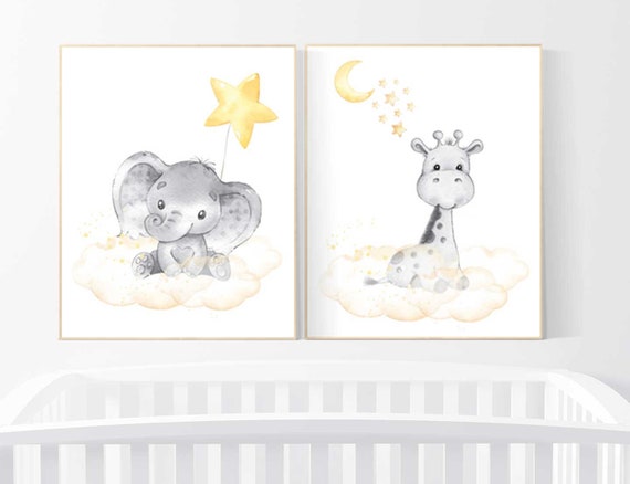 Baby room wall art neutral, nursery decor elephant, giraffe nursery, neutral nursery wall art, yellow nursery, gender neutral nursery art