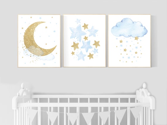 Nursery decor boy, blue and gold nursery, cloud, moon, stars, blue nursery wall art, boy nursery wall art, blue gold prints, boys room