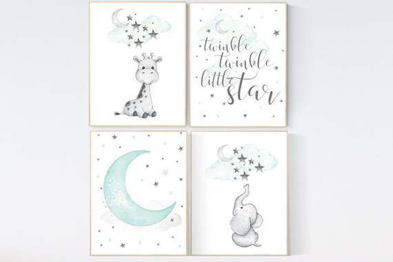 Nursery decor elephant, Giraffe nursery decor, Nursery decor girl giraffe, Mint nursery decor, gender neutral, nursery wall art quotes,