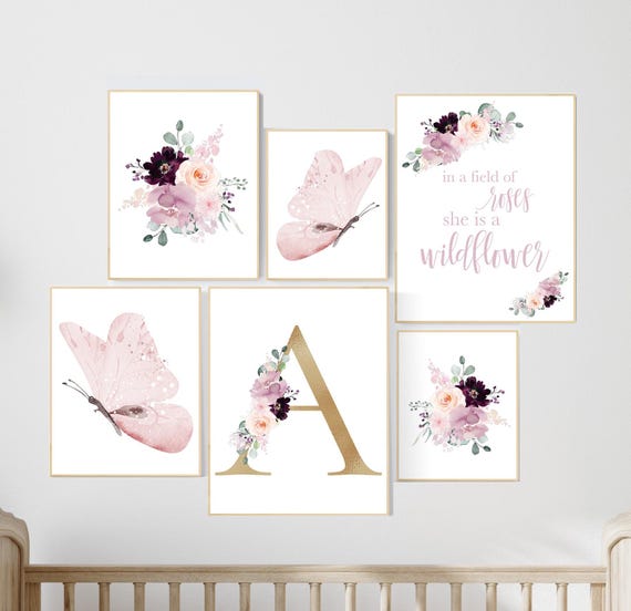 Nursery decor girl purple, mauve, Burgundy, floral nursery, flower nursery, butterfly, in a field of roses she is a wildflower, blush