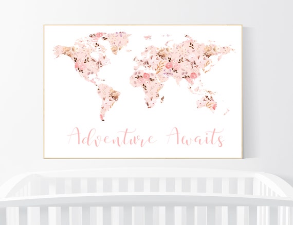 Floral World Map, Girl Nursery Decor, Travel Nursery Art, floral Nursery Print,  blush nursery, Nursery baby girl room, Adventure Awaits