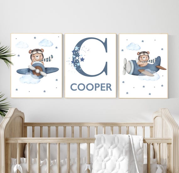 Airplane Bear Nursery Wall Art – Personalized Name Initial Print, Pilot Animal Art for Boys Room, Blue Sky Nursery Decor, nursery prints