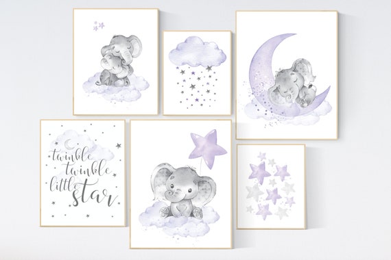 Nursery decor girl purple, nursery decor elephant girl, moon and stars, nursery prints girl, lavender, star nursery, lilac nursery decor,