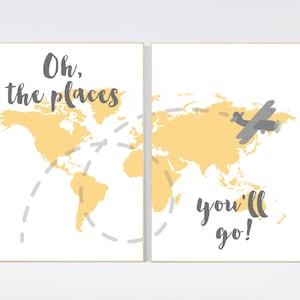 Yellow nursery decor, Oh the places you&#39;ll go, World Map wall art, world map nursery, world map wall art, gender neutral nursery, mustard