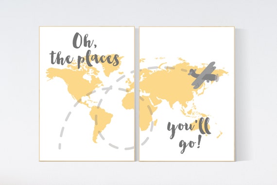 Yellow nursery decor, Oh the places you'll go, World Map wall art, world map nursery, world map wall art, gender neutral nursery, mustard