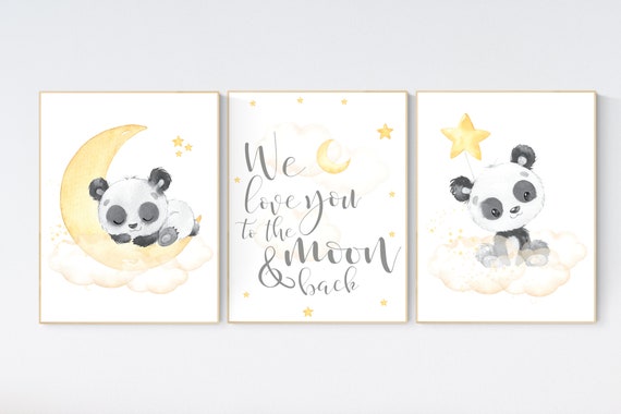 Nursery decor gender neutral. Yellow nursery decor, panda bear, yellow gray nursery wall art, panda prints, animal nursery wall art, neutral