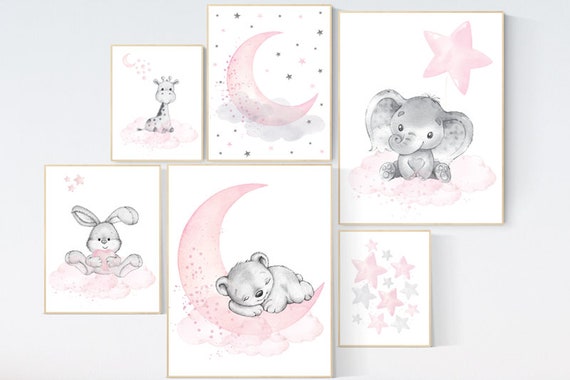 Nursery wall art girl animals, pink grey, elephant, giraffe, bear, animal prints, nursery decor girl pink, moon and stars, girl nursery