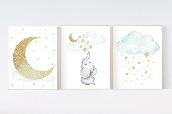 Nursery decor elephant, mint gold baby nursery, nursery decor boy and girl, cloud and star nursery, moon nursery decor, gender neutral