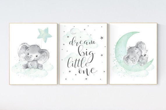 Elephant nursery art, elephant nursery print, mint nursery decor, cloud and stars nursery, baby room , gender neutral, aqua, moon and stars