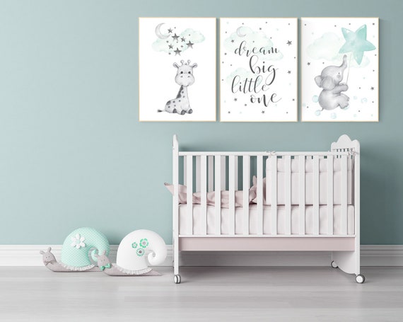 Mint Green Nursery Art: Giraffe, Elephant, Moon Stars Print