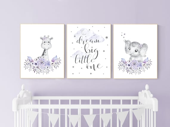 Nursery decor boho, Purple nursery, nursery wall art elephant, giraffe, nursery decor girl, nursery decor girl floral, lilac, lavender