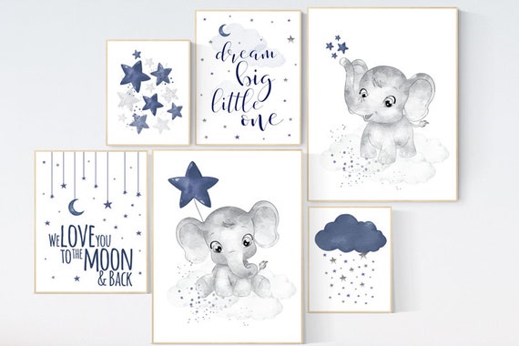 Nursery decor boy elephant, nursery wall art boy, navy Blue, moon and stars, navy nursery, boy nursery decor, elephant nursery art, star