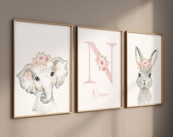Pinke Safari Animal Prints: Elefant & Kaninchen Kinderzimmer Kunst