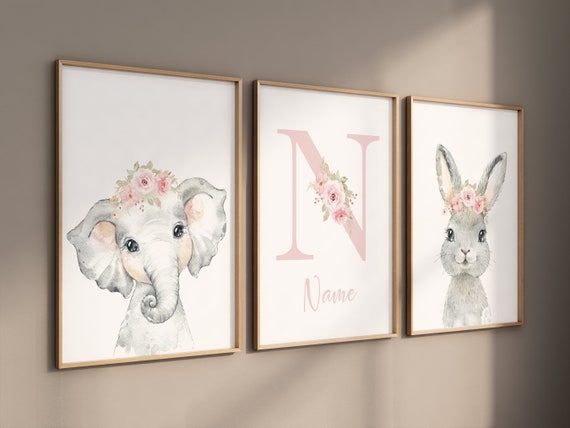 Safari Animals, girl nursery, Animals Prints, Woodland Nursery, elephant nursery, rabbit nursery,  floral animal prints, Pink Safari Animals