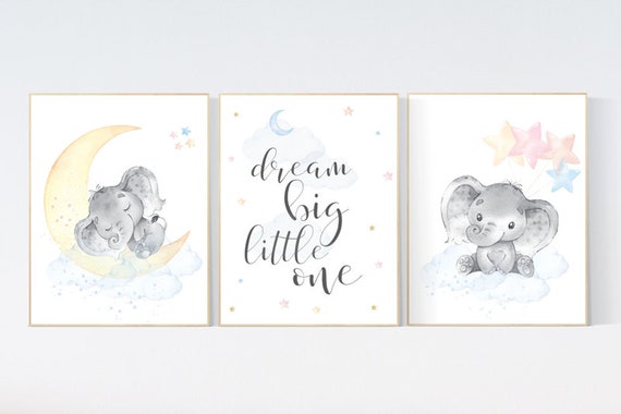 Gender neutral nursery, elephant nursery, nursery wall decor gender neutral, dream big little one, moon, cloud, stars, unisex, twin nursery