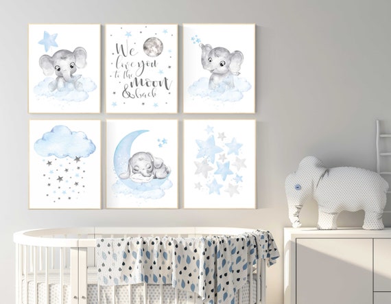 Nursery wall art boy, animal prints, elephant, moon, stars, cloud, nursery wall art, elephant nursery art, boy nursery ideas, animal art