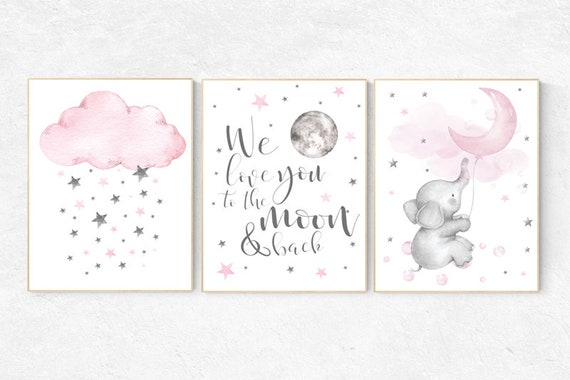 Nursery wall art elephant, cloud and stars nursery, pink nursery, nursery decor girl, we love you to the moon and back, elephant balloon