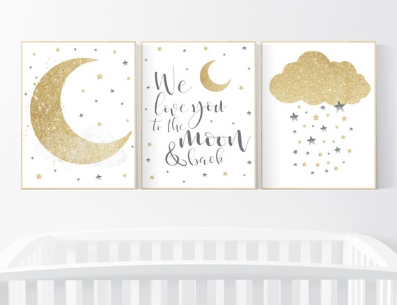 Nursery wall art grey, gray gold nursery, nursery decor neutral, baby room decor gender neutral, moon and stars, grey gold, baby room art
