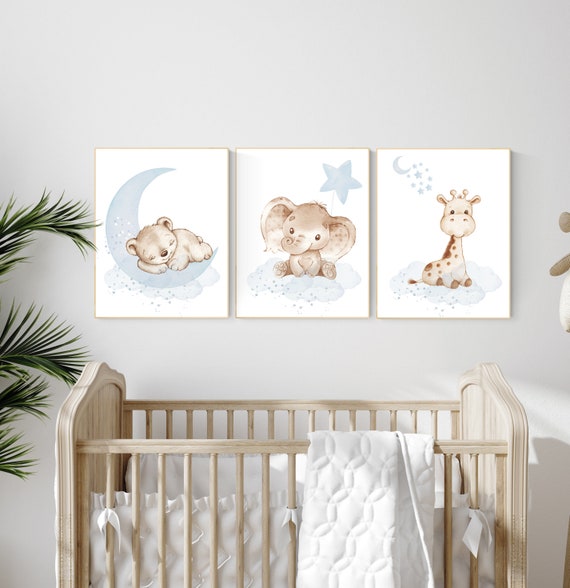 Nursery wall art animals, baby room decor blue gray, baby room decor bear, elephant, giraffe, animal nursery decor, nursery prints