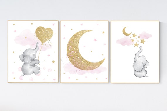 Nursery wall art girl, elephant nursery, baby room decor girl gold and pink, girl nursery decor, cloud and stars, elephant nursery wall art