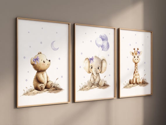 Baby girl nursery wall art set, purple and beige animal prints with elephant, bear, giraffe, neutral safari nursery decor, baby room prints