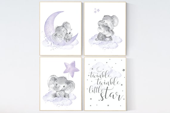 Nursery decor girl purple, nursery decor girl elephant, Girls room decor purple, moon and stars, lavender, star nursery, lilac nursery decor