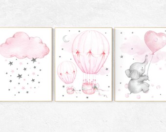 Nursery wall art girl elephant, nursery decor girl pink, hot air balloon, nursery prints, baby room decor, nursery room prints, baby girl