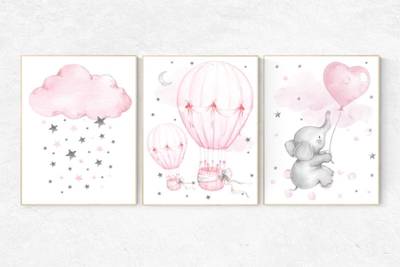Nursery wall art girl elephant, nursery decor girl pink, hot air balloon, nursery prints, baby room decor, nursery room prints, baby girl