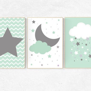 Mint Nursery Prints: Cloud, Moon, Star Decor, Set of 3