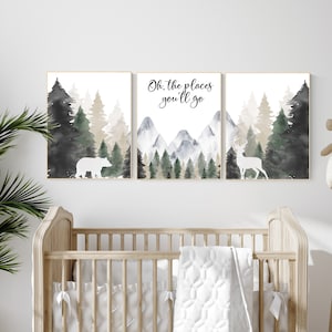 Nursery decor woodland, mountain wall art, tree nursery decor, adventure theme nursery, forest, sage green, beige, woodland animals