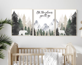 Nursery decor woodland, mountain wall art, tree nursery decor, adventure theme nursery, forest, sage green, beige, woodland animals