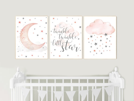 Nursery decor girl coral, twinkle twinkle little star, cloud and stars, moon and stars nursery, coral and gray, coral nursery, girls room
