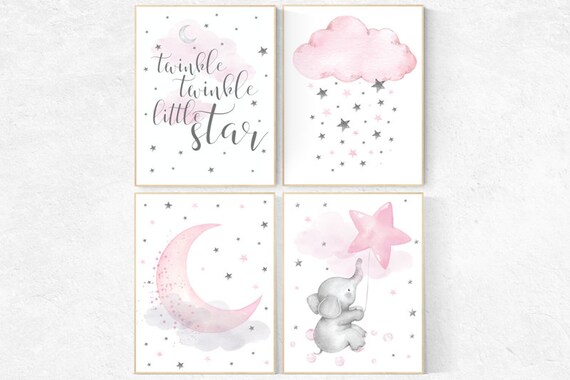 Nursery decor elephant, Nursery decor girl, pink and gray nursery, twinkle twinkle little star, pink nursery art, cloud and star nursery