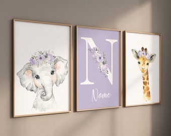 Safari Animals, girl nursery, Animals Prints, Woodland Nursery Decor, Safari Nursery Wall Art, floral animal prints, Purple Safari Animals