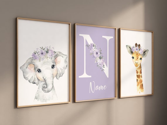 Safari Animals, girl nursery, Animals Prints, Woodland Nursery Decor, Safari Nursery Wall Art, floral animal prints, Purple Safari Animals