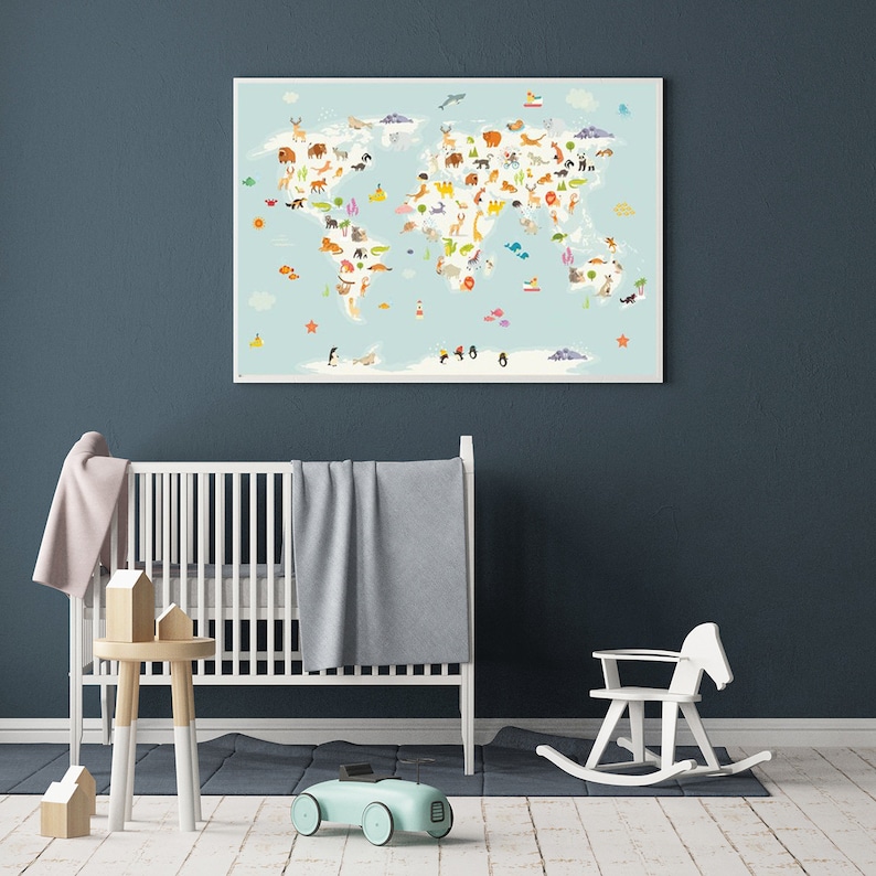 Nursery world map Animal world map animal map nursery Etsy