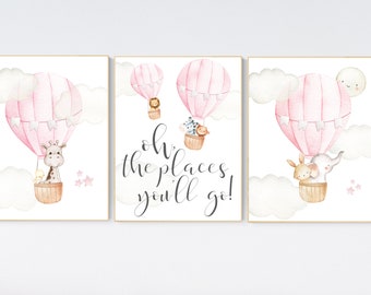Nursery decor girl woodland, hot air balloon nursery, nursery decor woodland animal, hot air balloon nursery animal, pink nursery print