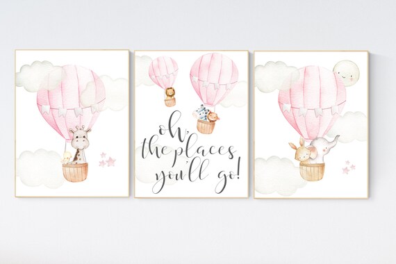 Nursery decor girl woodland, hot air balloon nursery, nursery decor woodland animal, hot air balloon nursery animal, pink nursery print